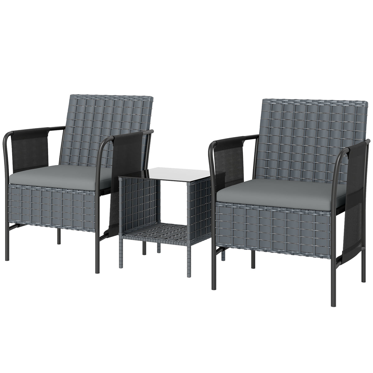 3 Piece Wicker Patio Furniture Set, Outdoor Bistro Set, Side Pockets, Mesh Seat, 2 Tier Glass Table, Cushions – Grey