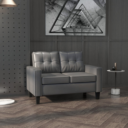 HOMCOM Grey 130cm PU Leather Loveseat Double Sofa, Tufted Backrest, Pocket Spring Comfort