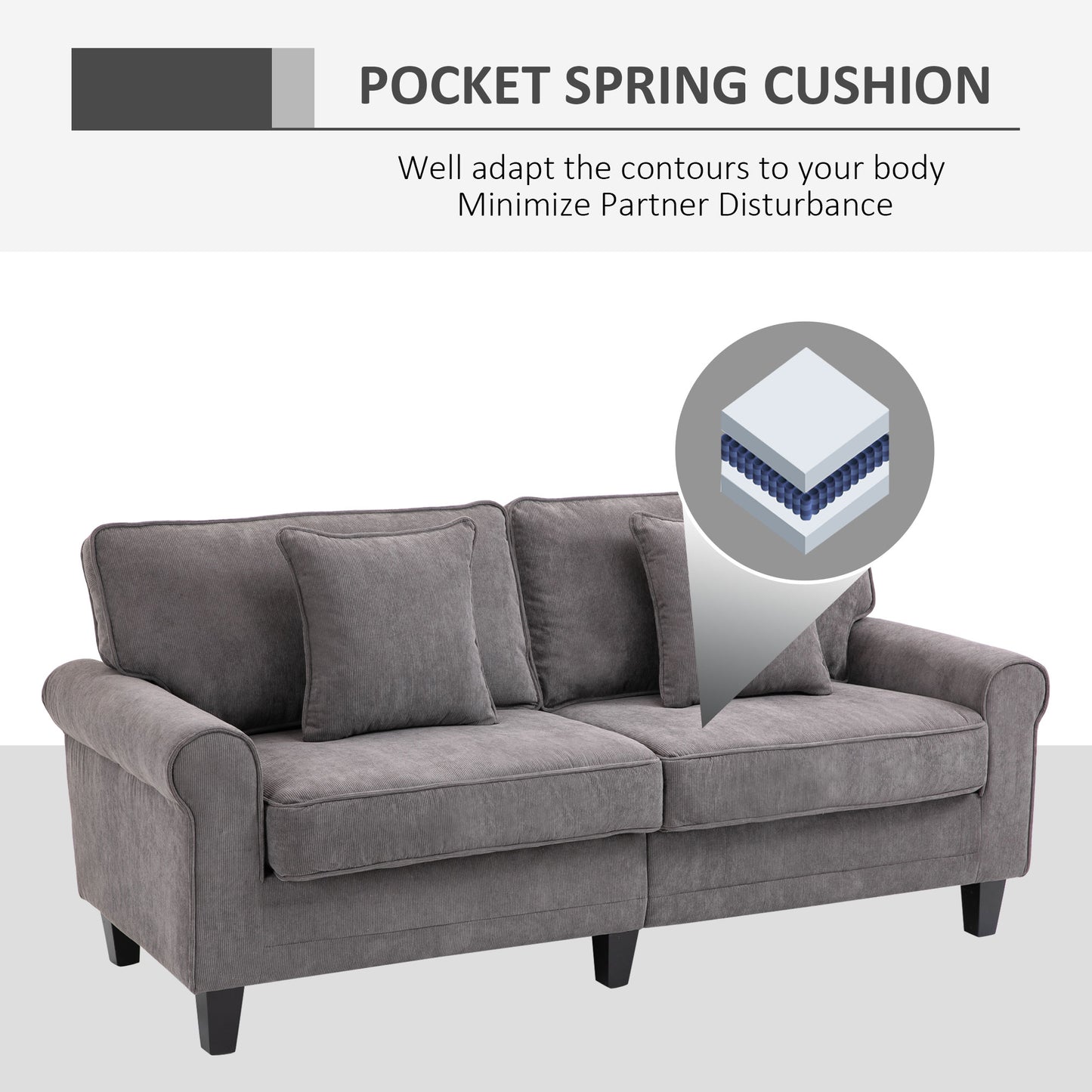 Modern 3-Seater Corduroy Sofa: Pine Wood Legs, Rolled Armrests, Light Grey