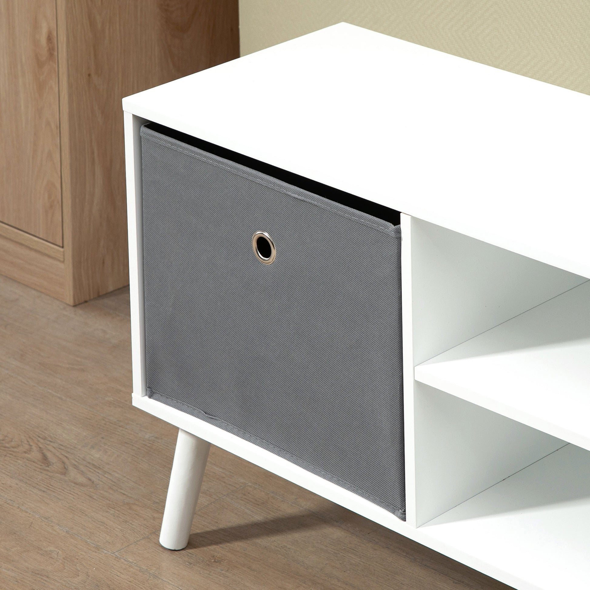 Modern TV Stand Cabinet with Foldable Grey Fabric Drawers and Shelves