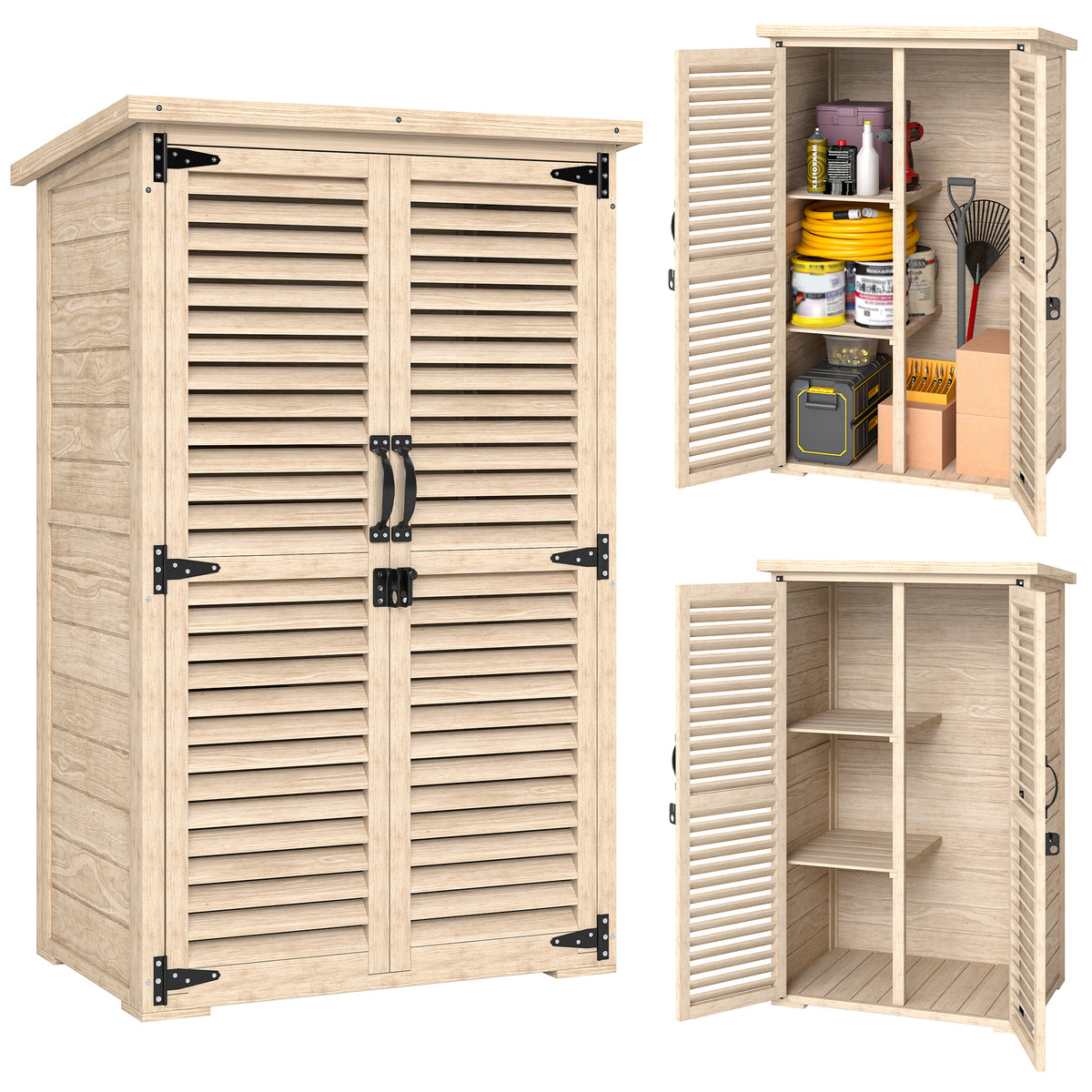 30" x 20" x 47" Wooden Garden Shed, Outdoor Storage Shed with Waterproof Asphalt Roof, Shelves