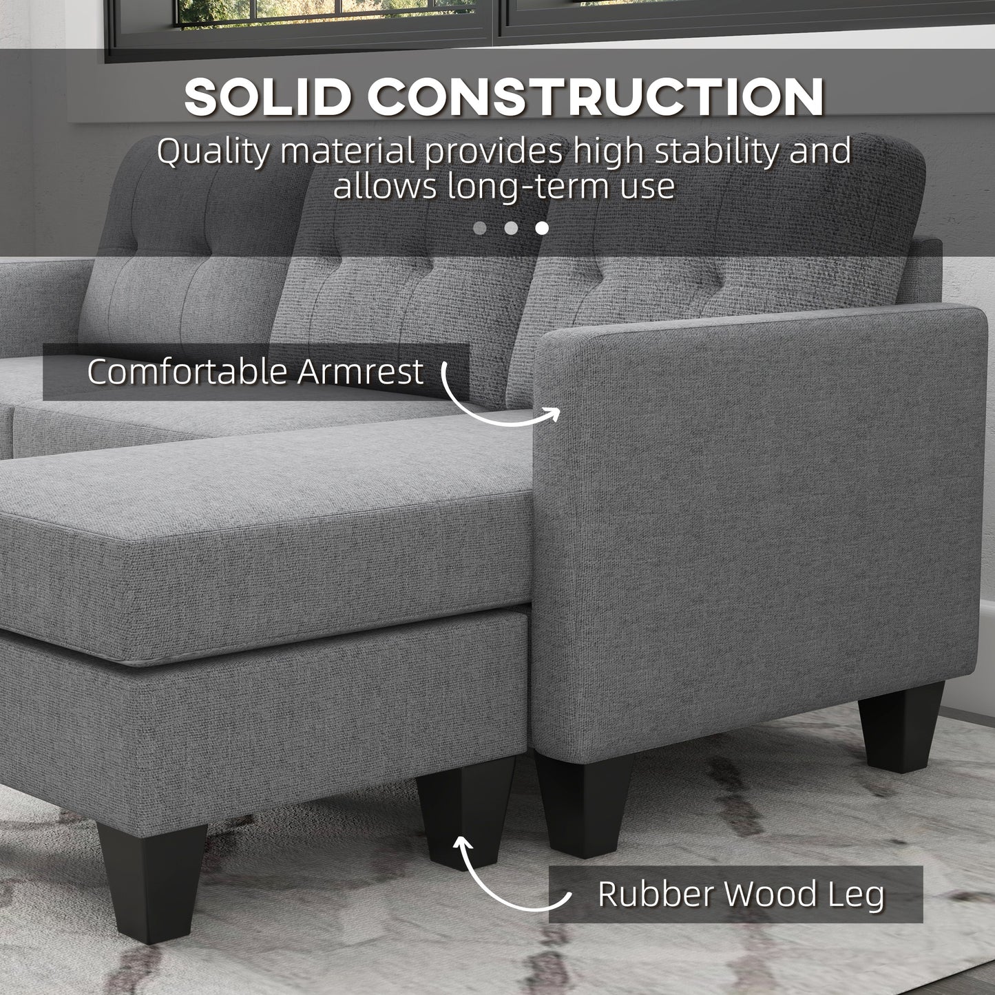 HOMCOM Modern L-Shape 3-Seater Sofa with Ottoman, Light Grey Fabric