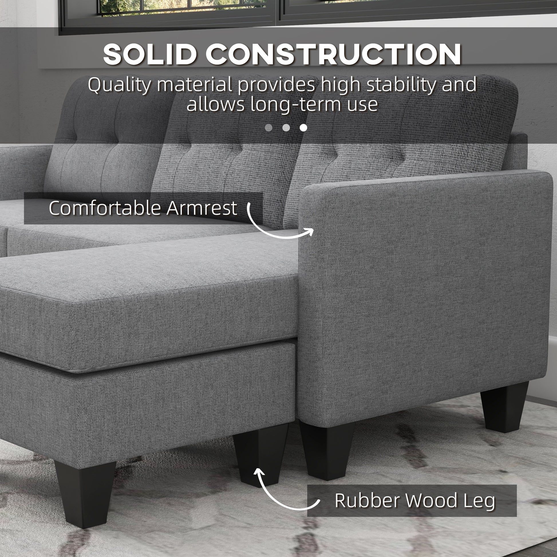 HOMCOM Modern L-Shape 3-Seater Sofa with Ottoman, Light Grey Fabric