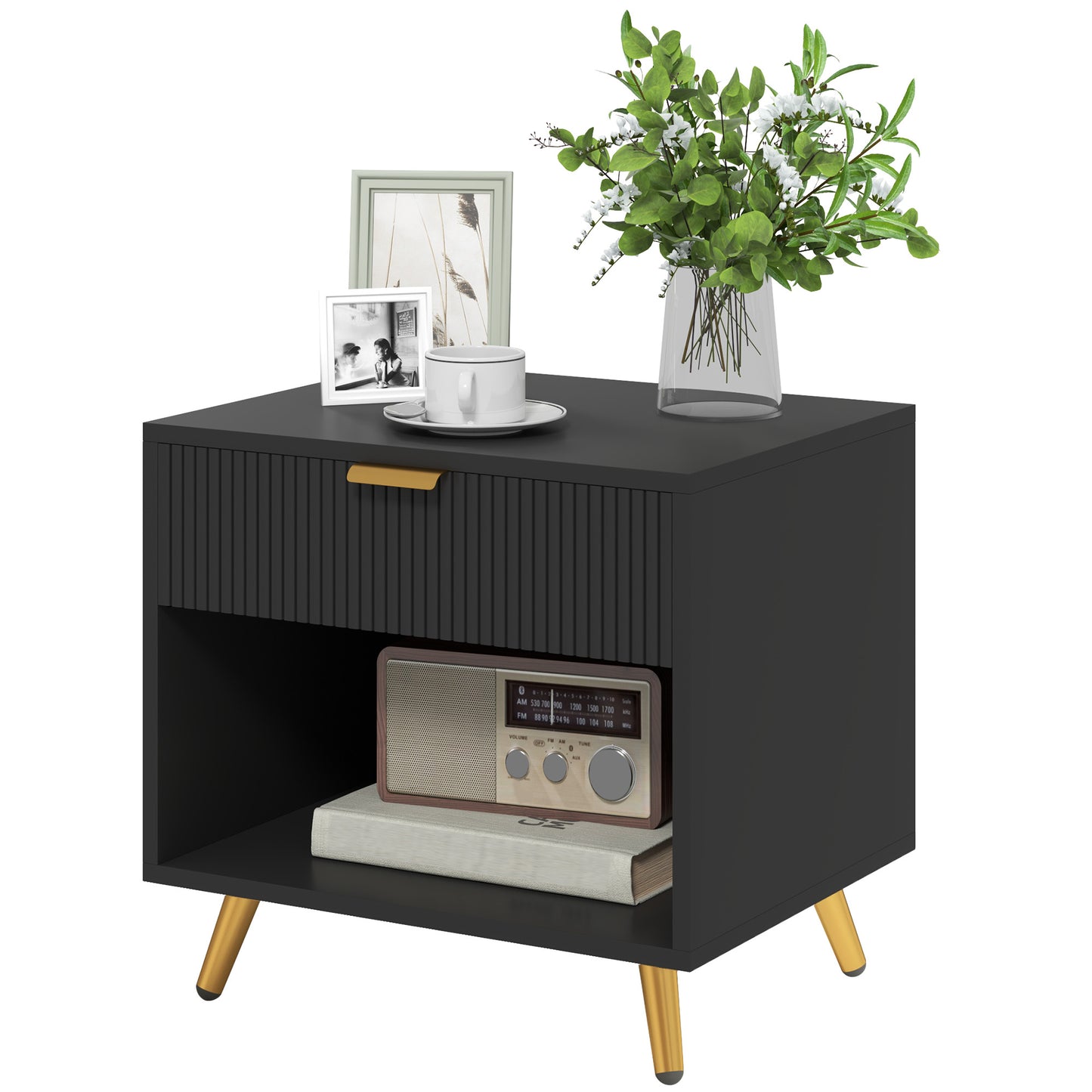 HOMCOM Modern Black Nightstand with Fluted Panel, Drawer & Open Storage for Bedroom
