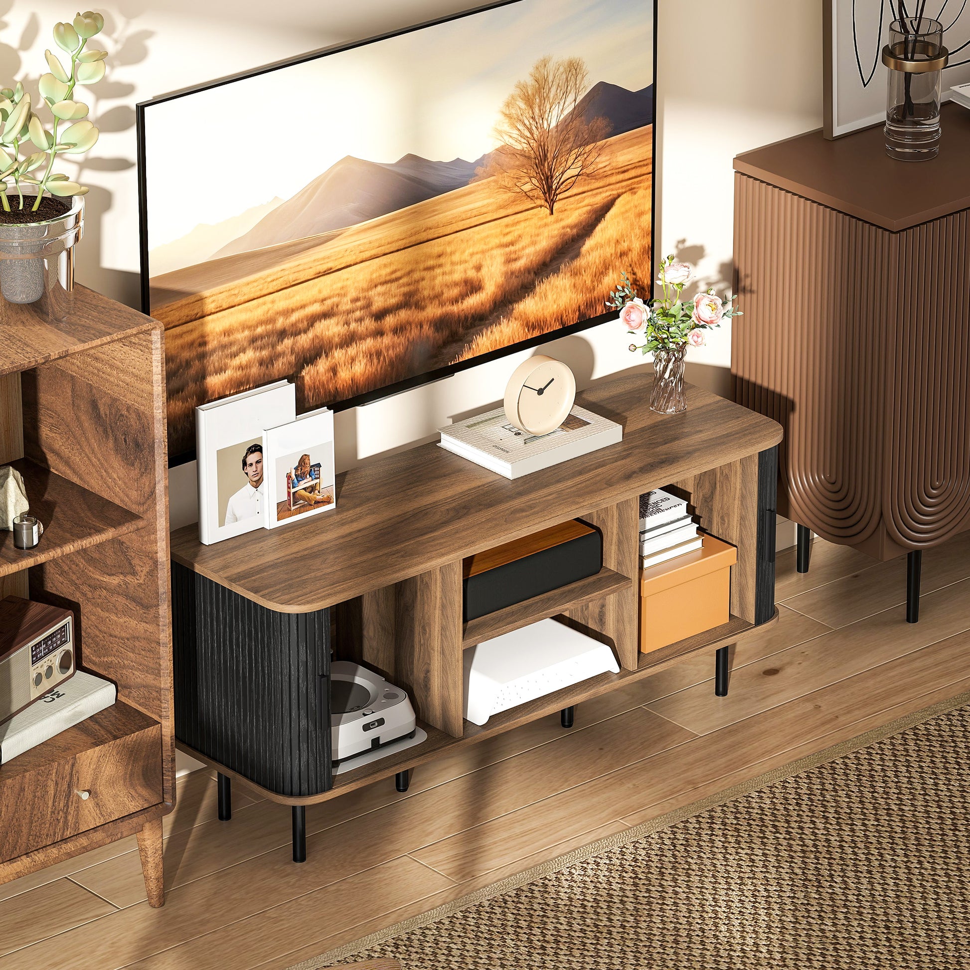 HOMCOM Modern Black TV Stand for 55-Inch TVs, Storage Shelves, Slatted Doors