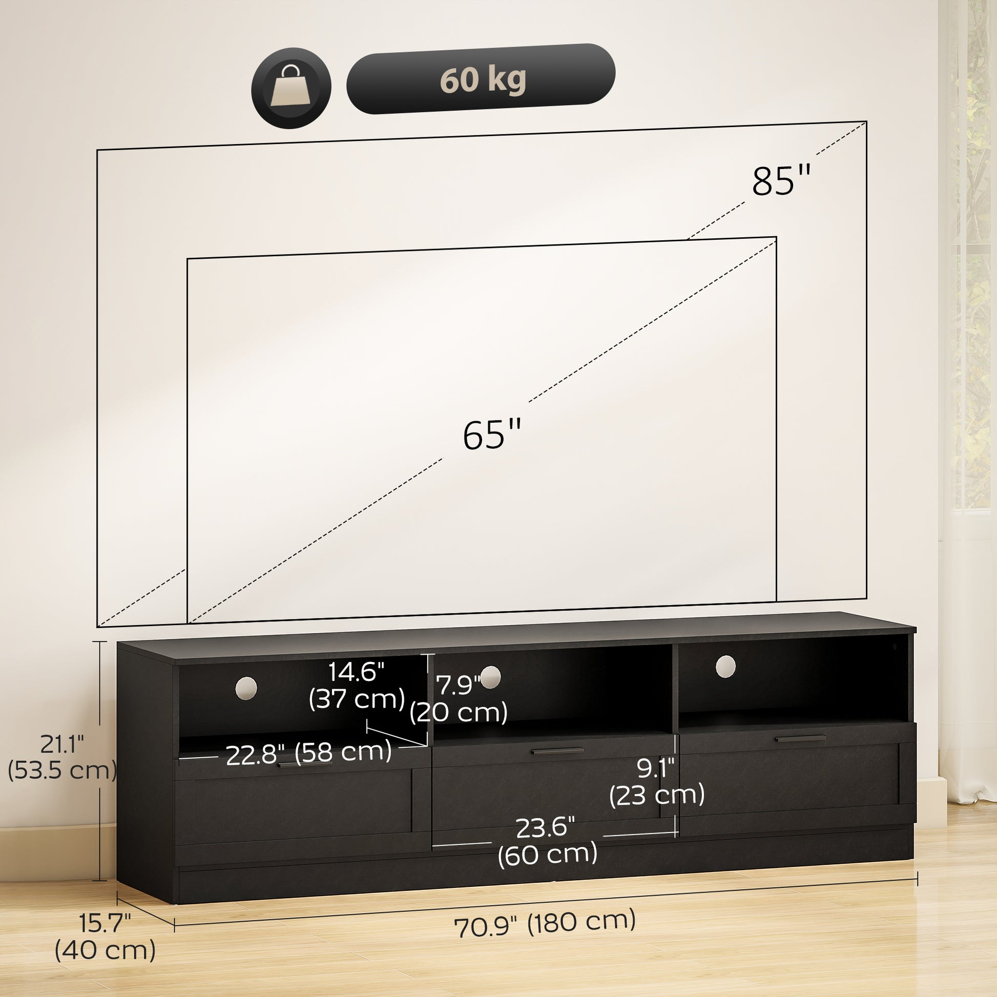 HOMCOM Modern Black TV Stand with Storage for 85-inch TVs
