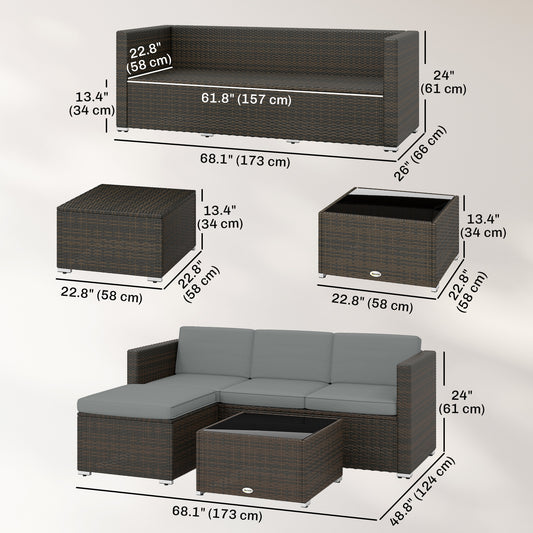 3 Pieces Patio Furniture Set with Cushions, Outdoor PE Rattan Wicker Conversation Corner Sofa Set with Glass Top Table – Brown, Light Grey