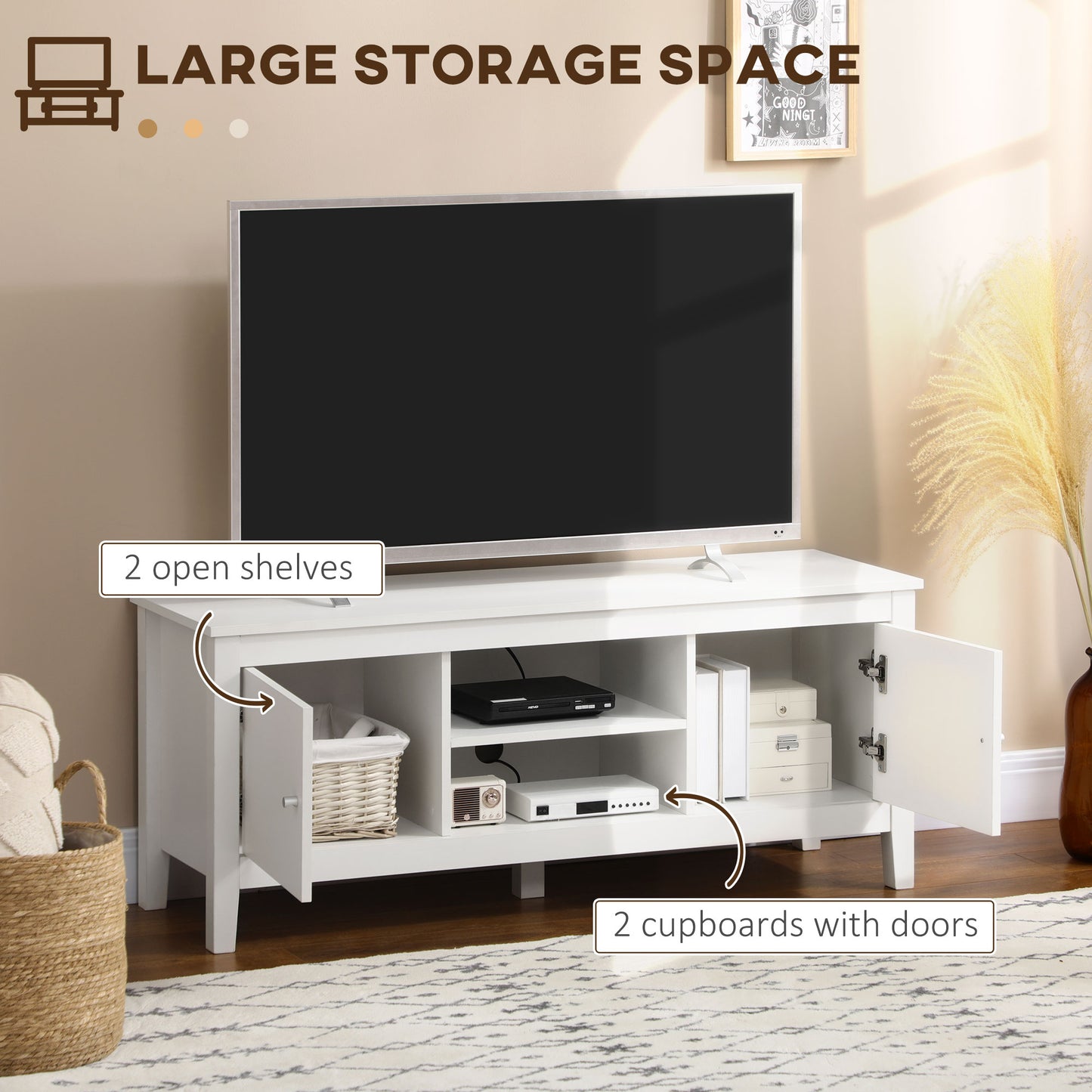 HOMCOM Modern White TV Stand for 55-Inch TVs, Storage Cupboards, Open Shelves