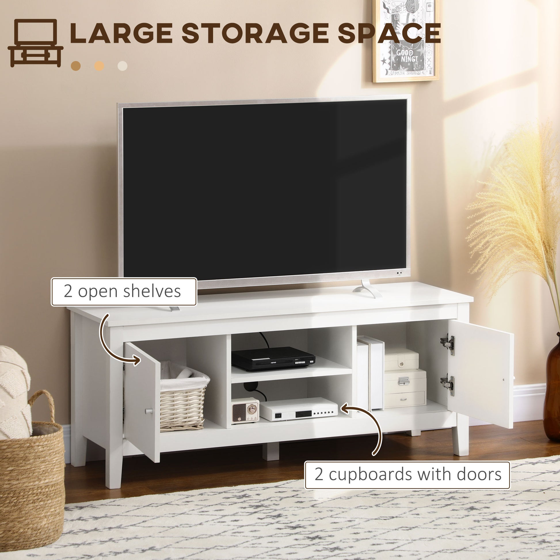 HOMCOM Modern White TV Stand for 55-Inch TVs, Storage Cupboards, Open Shelves