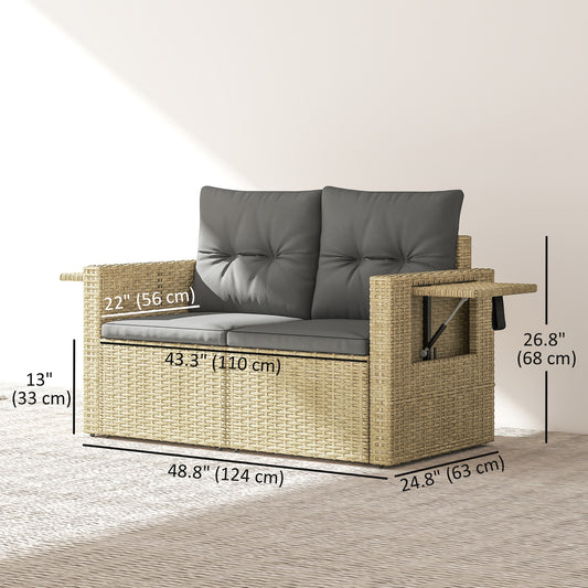 Wicker Outdoor Sofa with Side Trays, Rattan Patio Loveseat with Cushions for Garden Balcony