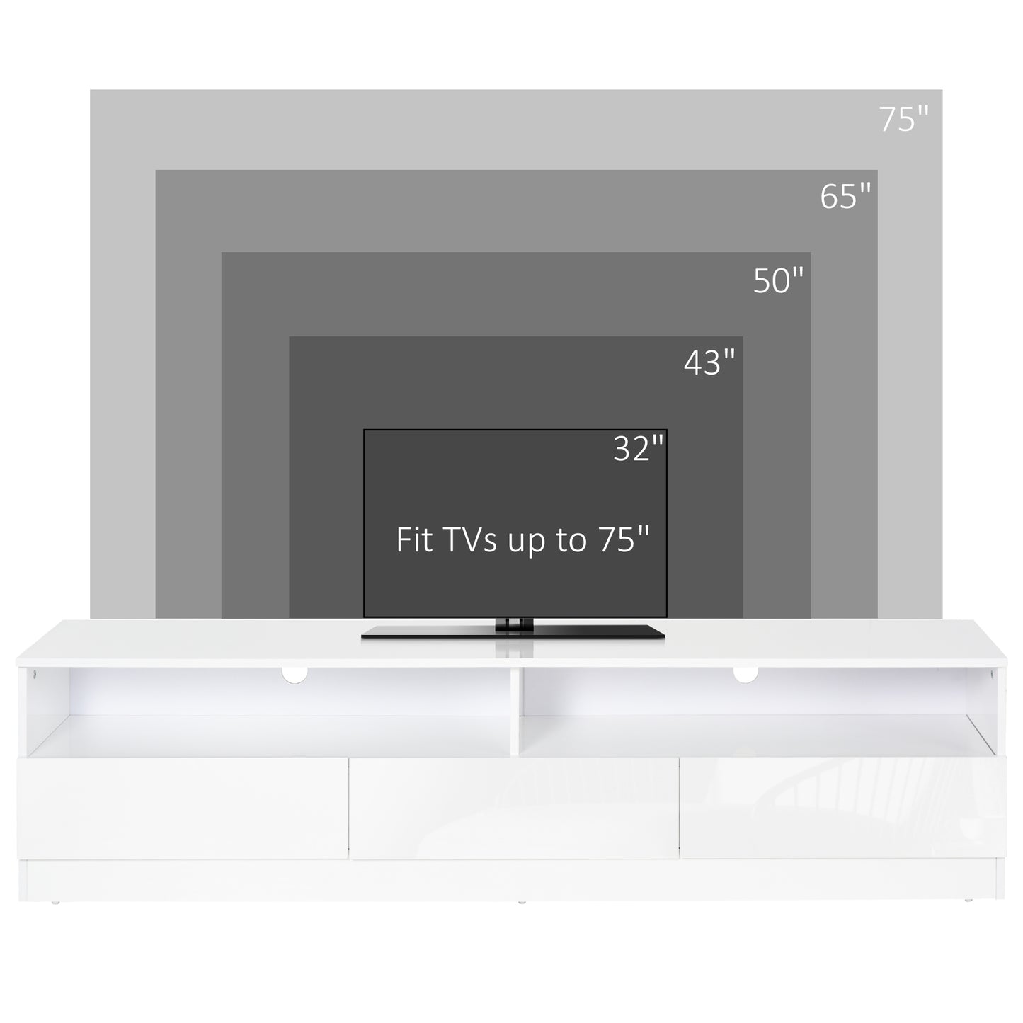 Modern 71-inch High Gloss White LED TV Stand Entertainment Storage Cabinet with Drawers