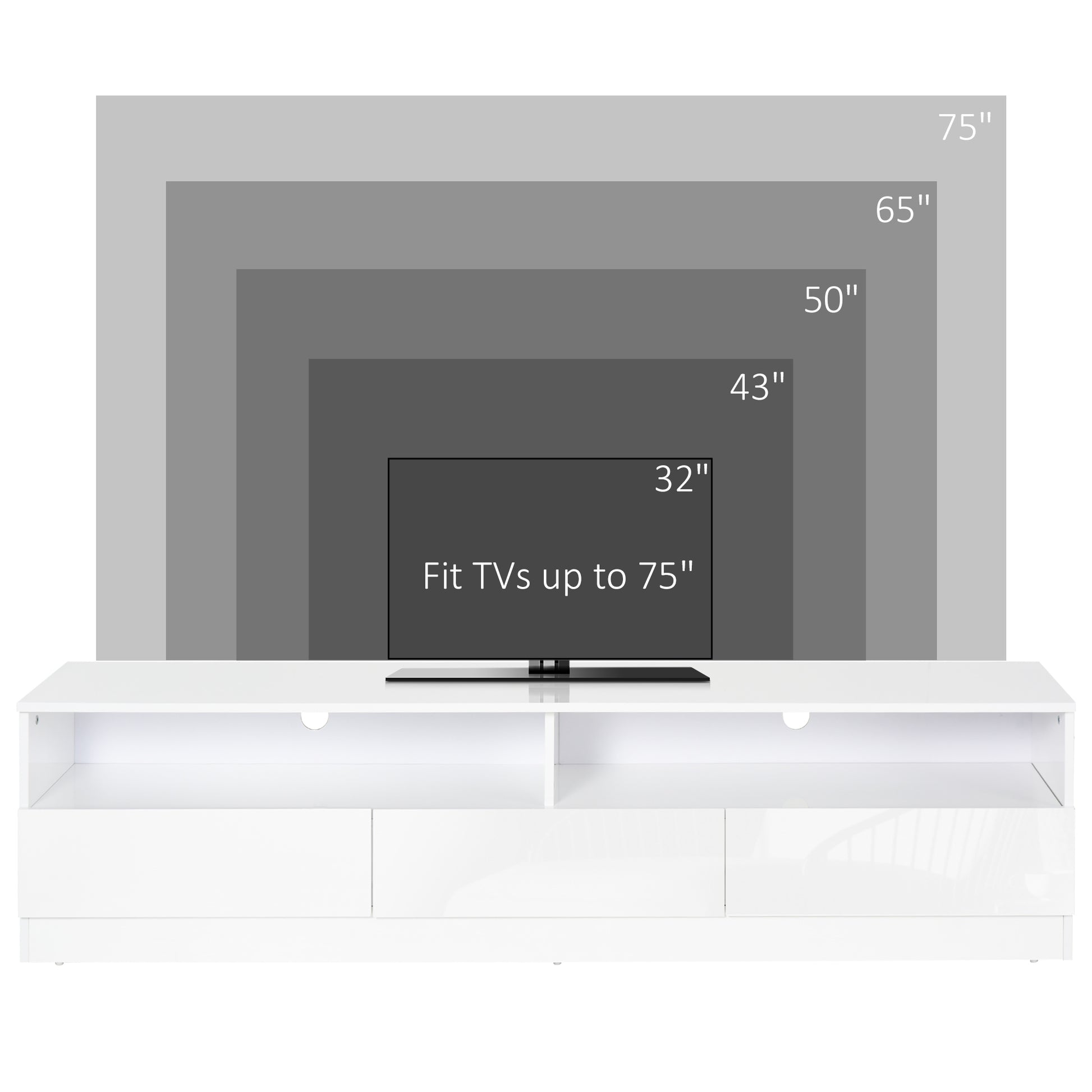 Modern 71-inch High Gloss White LED TV Stand Entertainment Storage Cabinet with Drawers