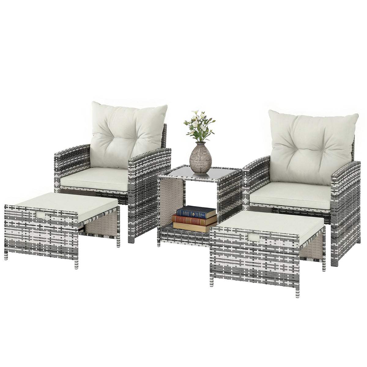 5 Piece Patio Furniture Set, Wicker Patio Chairs with Ottomans, 2-Tier Glass Coffee Table and Cushions, Grey/Dark – White