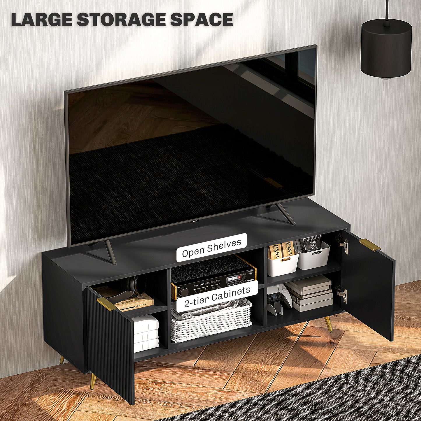 Sleek Black HOMCOM TV Stand for 55" TVs, Open Shelves & Cabinets