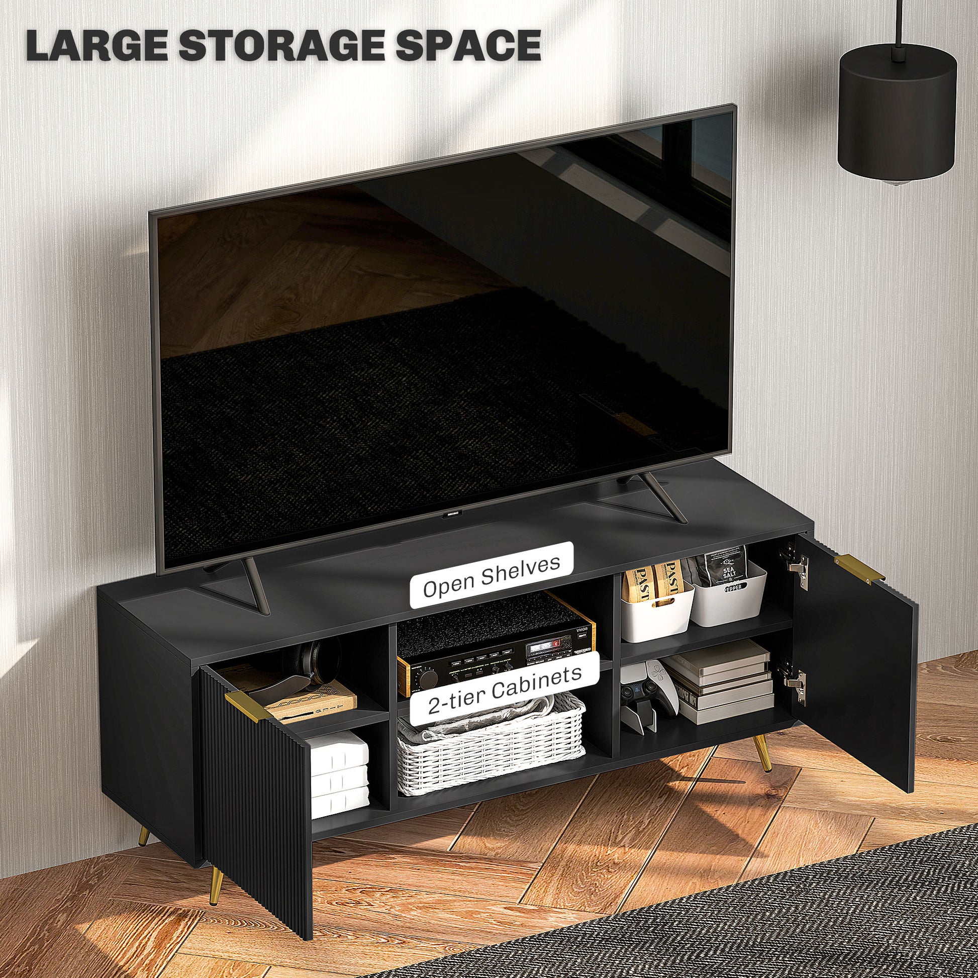 Sleek Black HOMCOM TV Stand for 55" TVs, Open Shelves & Cabinets