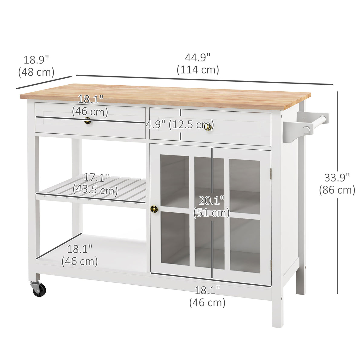 Kitchen Cart on Wheels with Rubber Wood Top – 45"W x 34"H