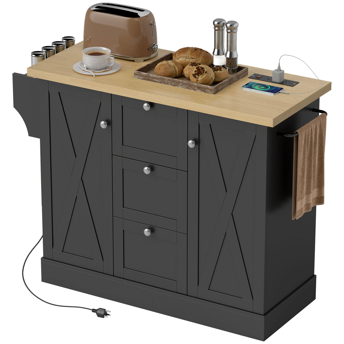 Farmhouse Kitchen Island Cart with Power Outlet and Soft-Close Doors – 49"W x 35"H