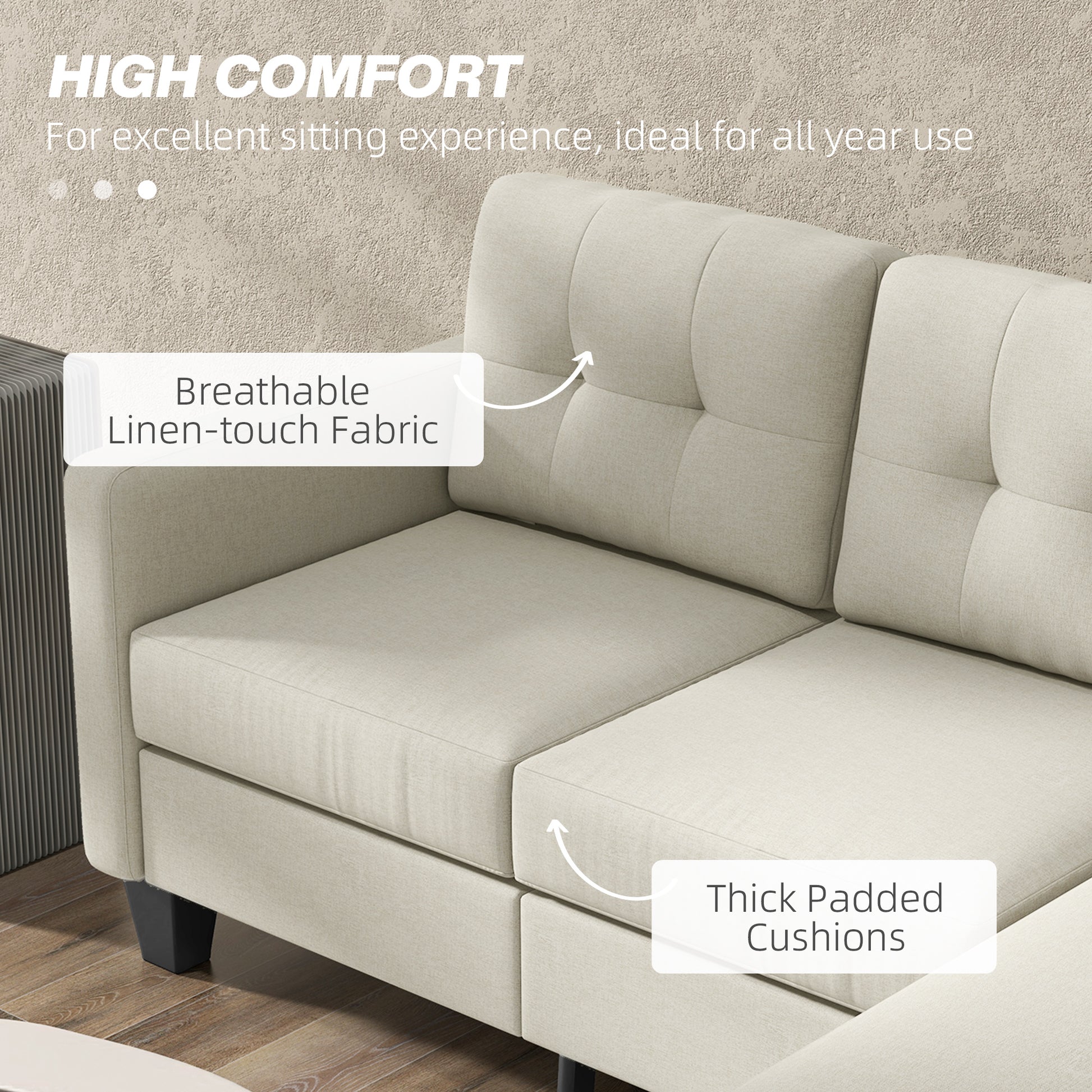 HOMCOM L-Shaped 3-Seater Sectional Sofa with Ottoman, Beige, Sturdy Wood Legs