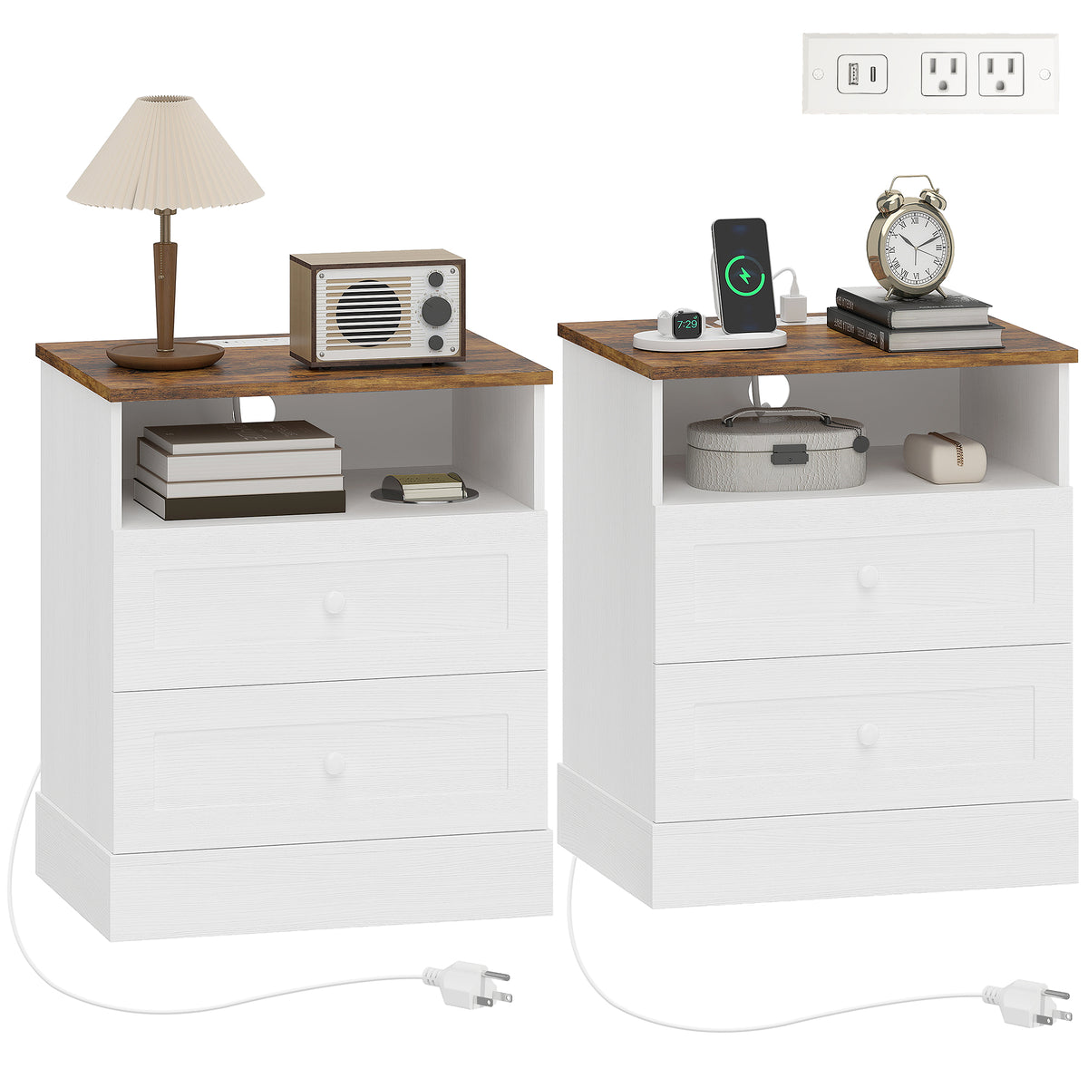 Nightstands with Charging Station and 2 Drawers, Set of 2 – 20"W x 24"H