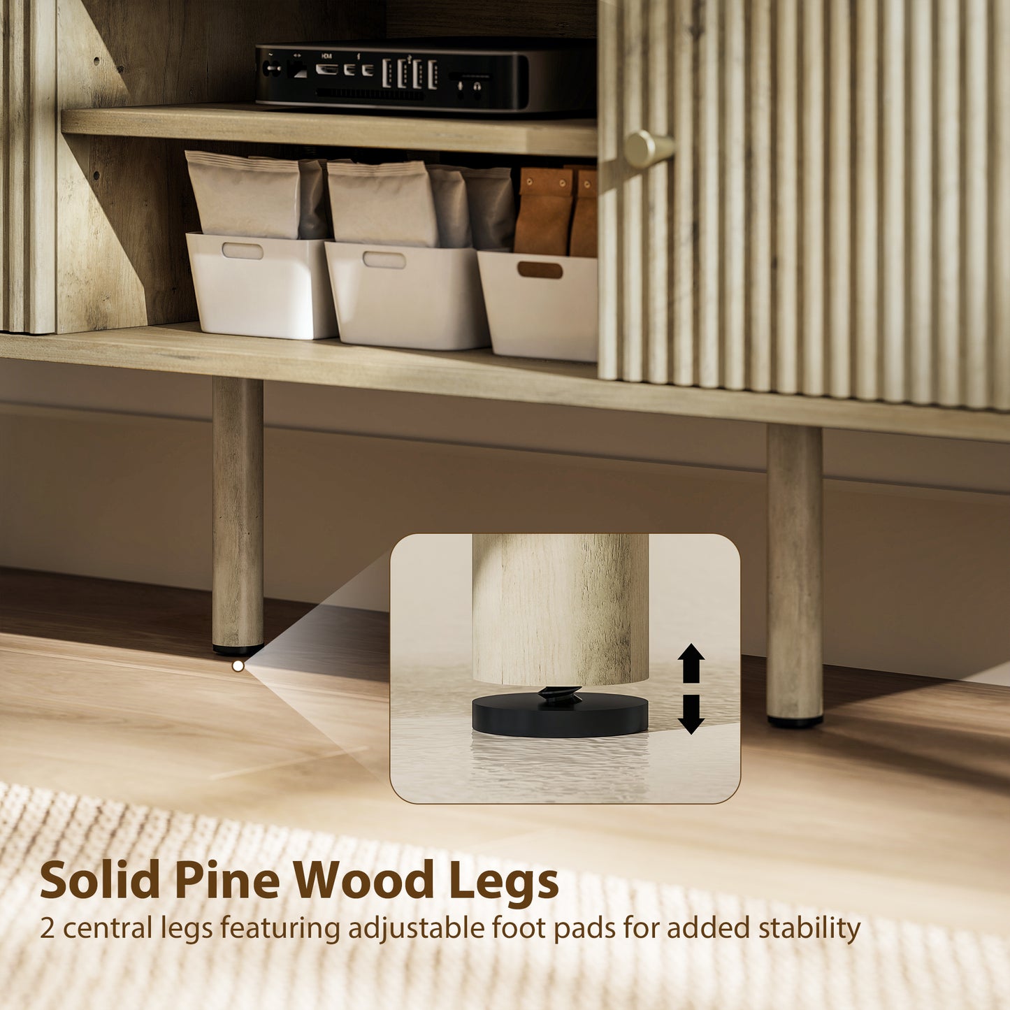 HOMCOM Modern Oak TV Stand for 65-inch TVs, Adjustable Shelves, Pine Wood Legs