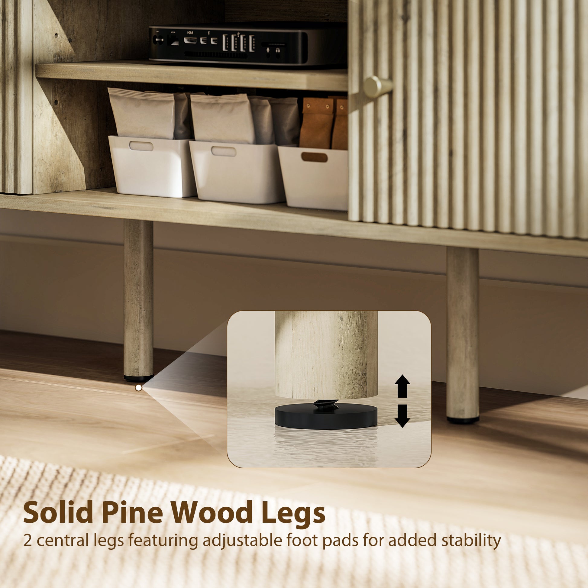 HOMCOM Modern Oak TV Stand for 65-inch TVs, Adjustable Shelves, Pine Wood Legs