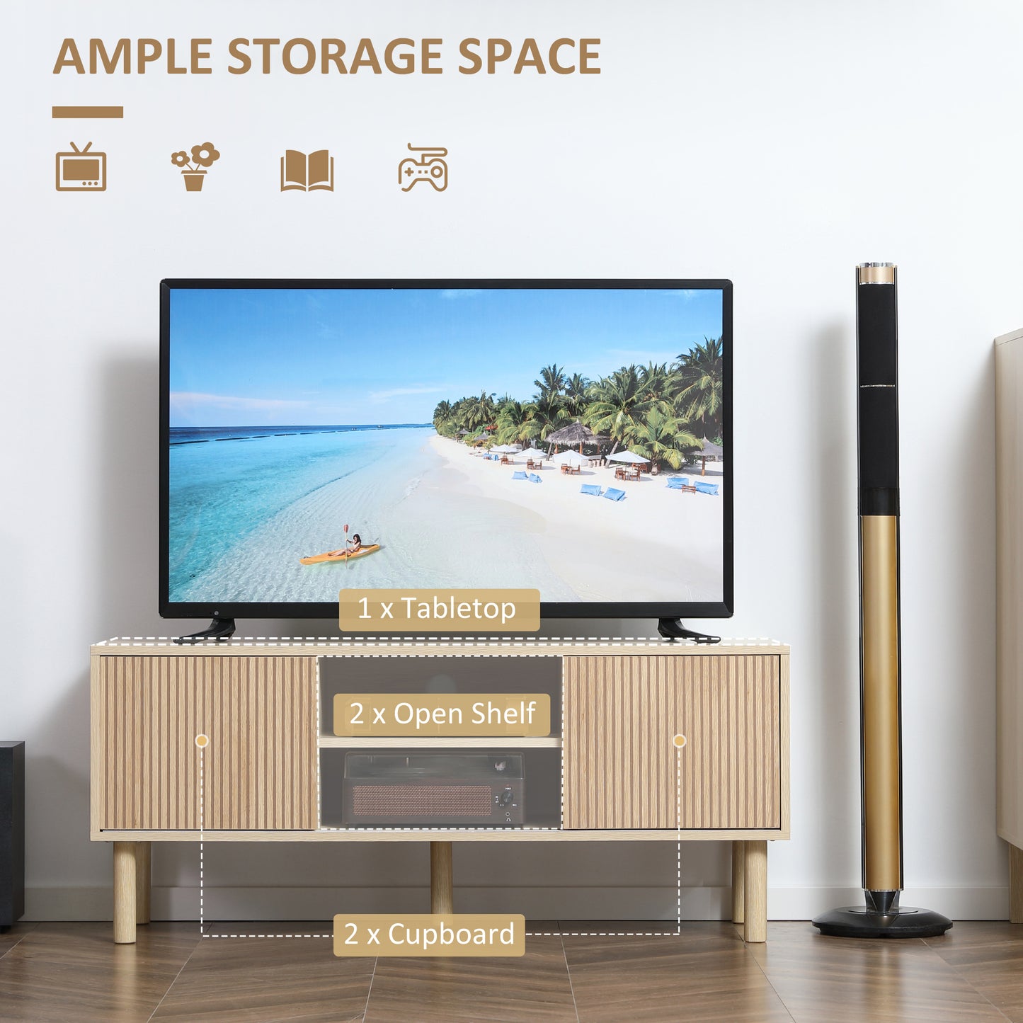 HOMCOM Modern TV Stand for 50-inch TVs, Natural Wood Effect Storage Cabinet