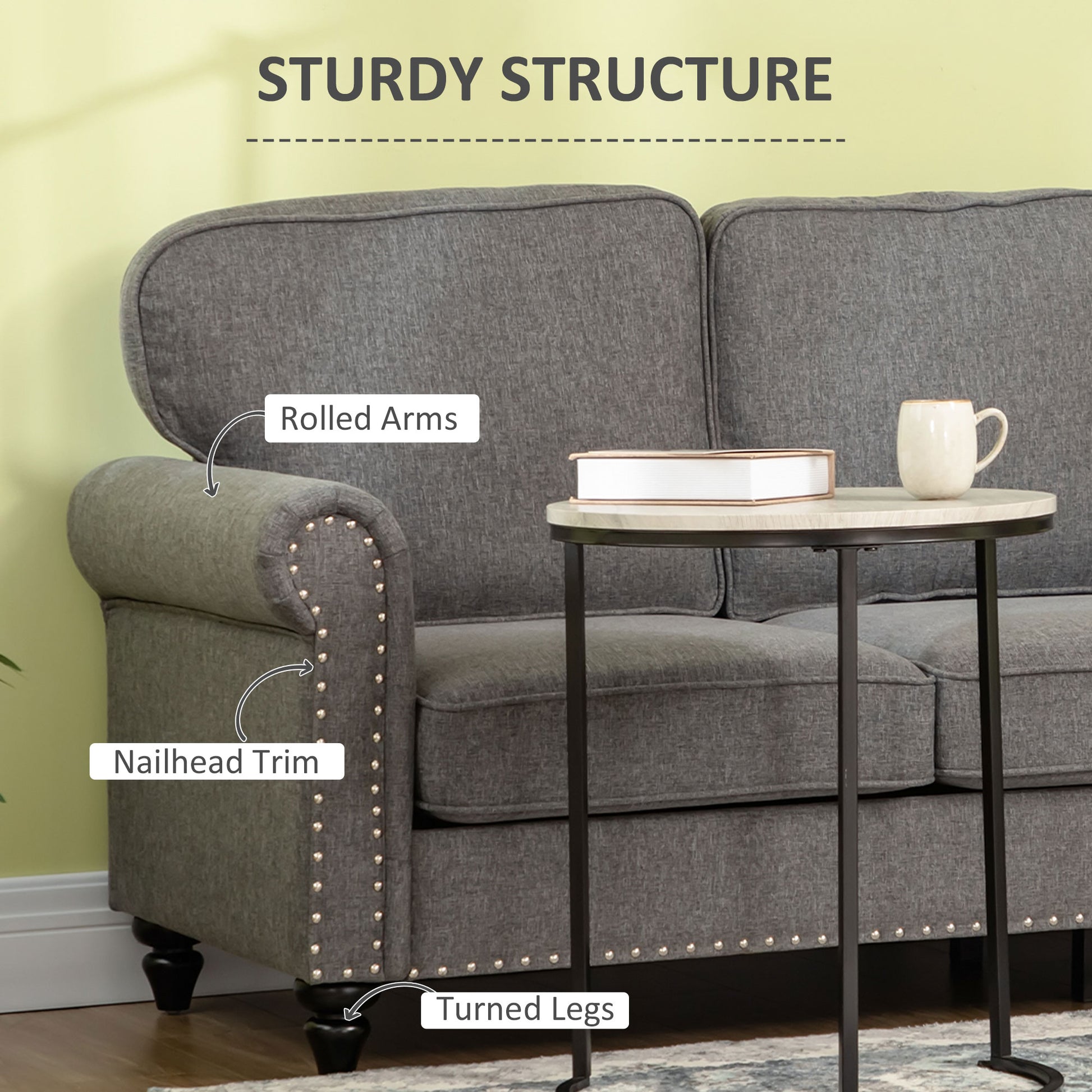 Modern Grey Linen Fabric 3-Seater Sofa Couch with Studded Trim & Rolled Arms