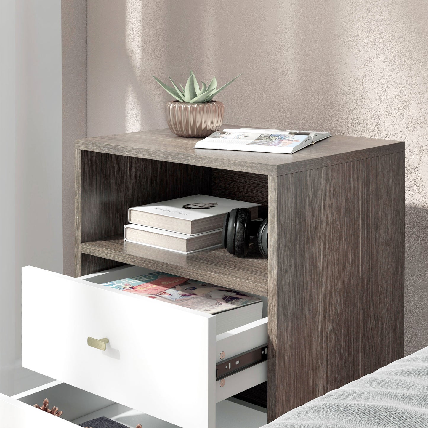 HOMCOM Modern Grey White Nightstand Set, 3 Drawers, Open Storage