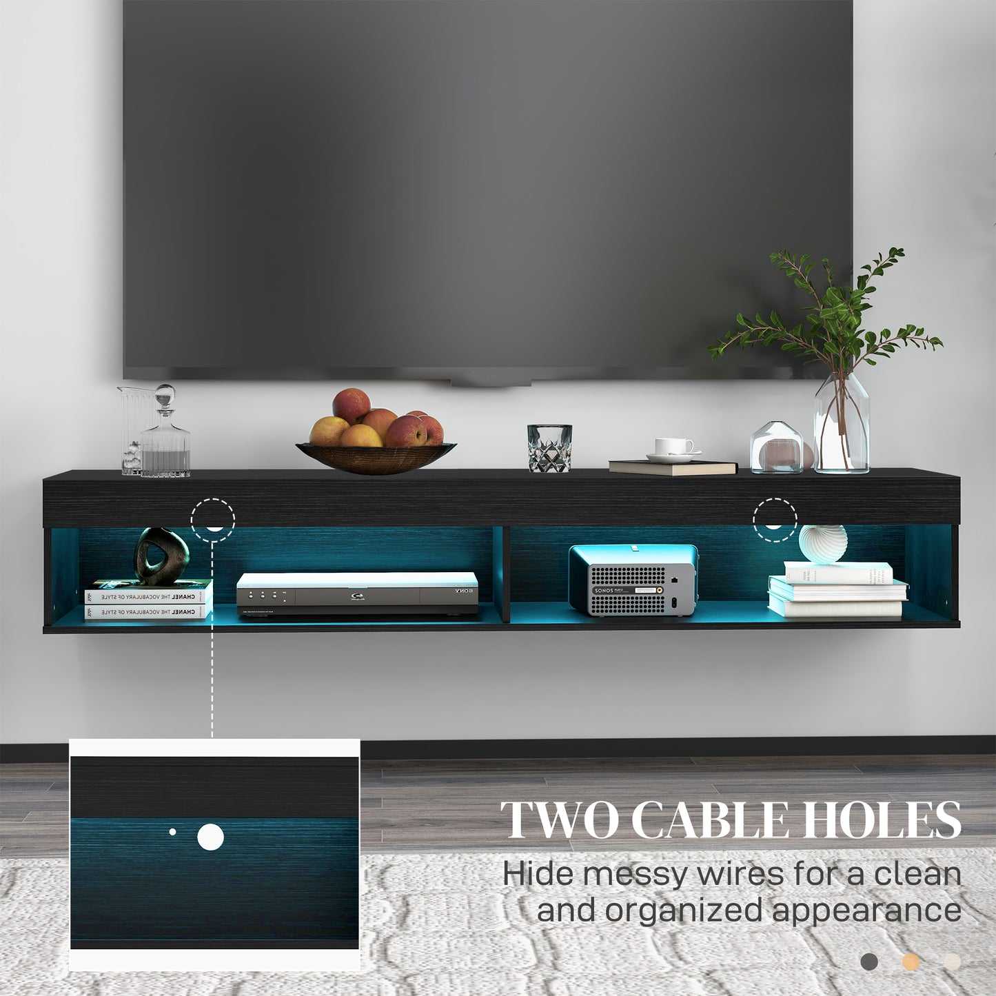 HOMCOM Modern Floating Wall Mounted TV Stand with LED Lights, Storage, Black