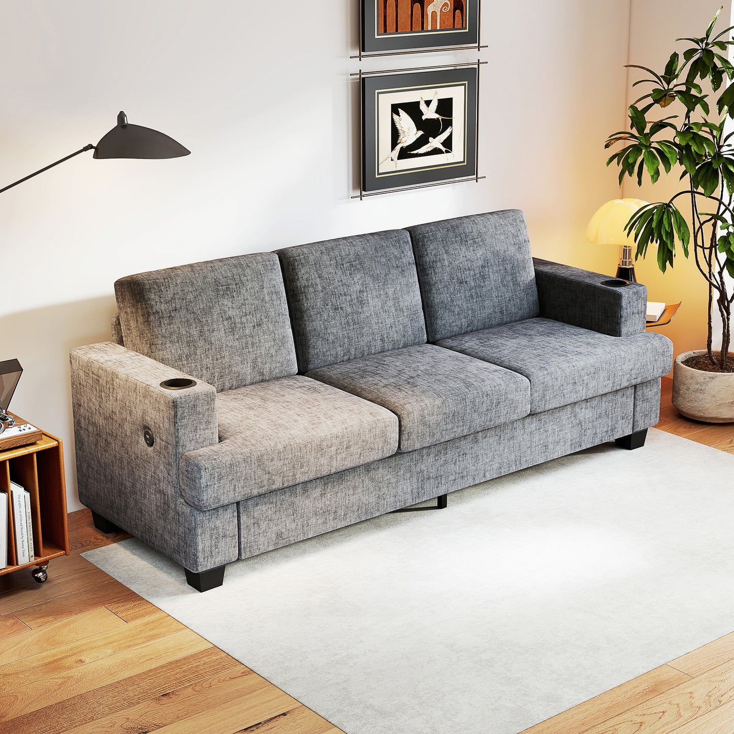 HOMCOM 3-Seater Grey Chenille Sofa with USB Ports and Dual Cup Holders