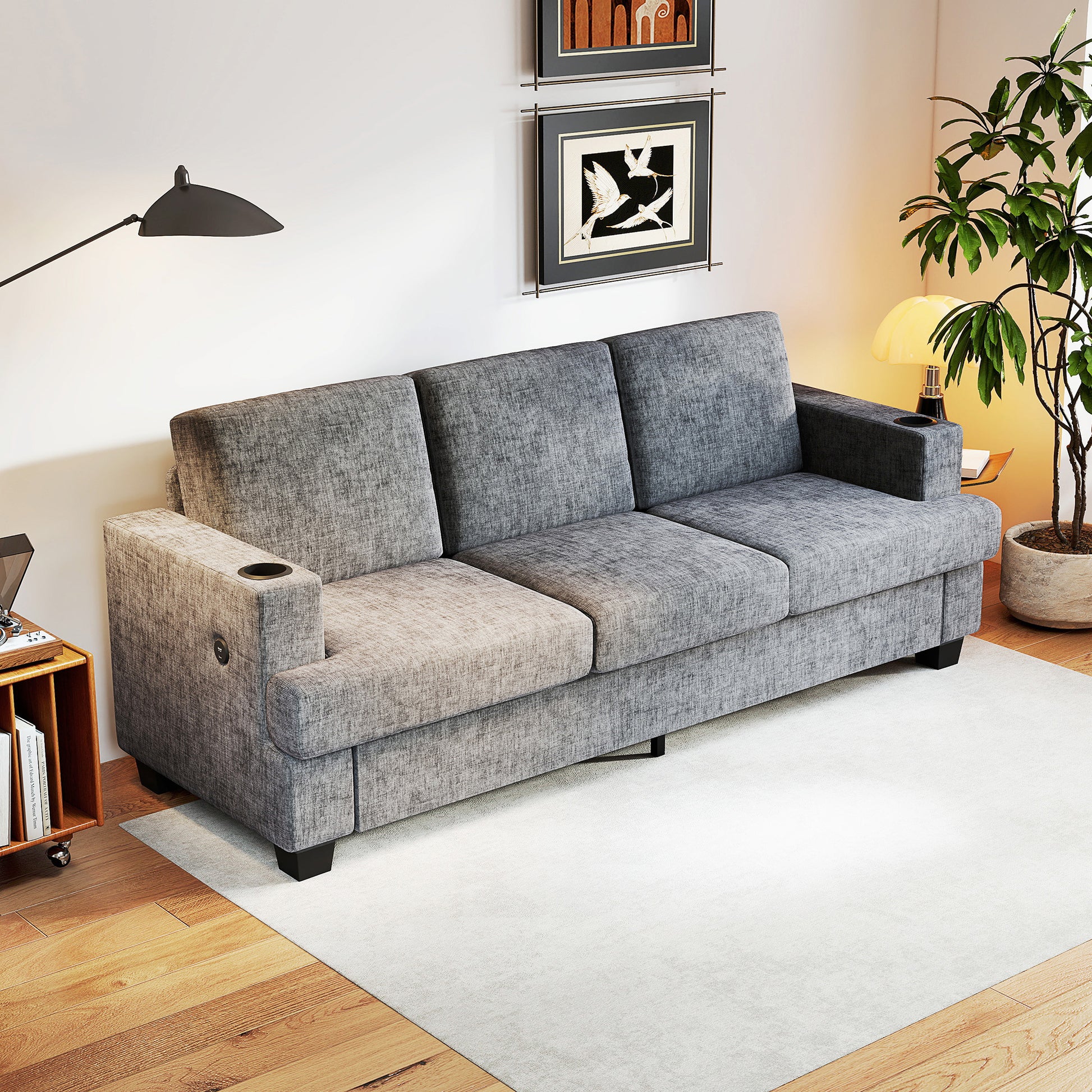 HOMCOM 3-Seater Grey Chenille Sofa with USB Ports and Dual Cup Holders
