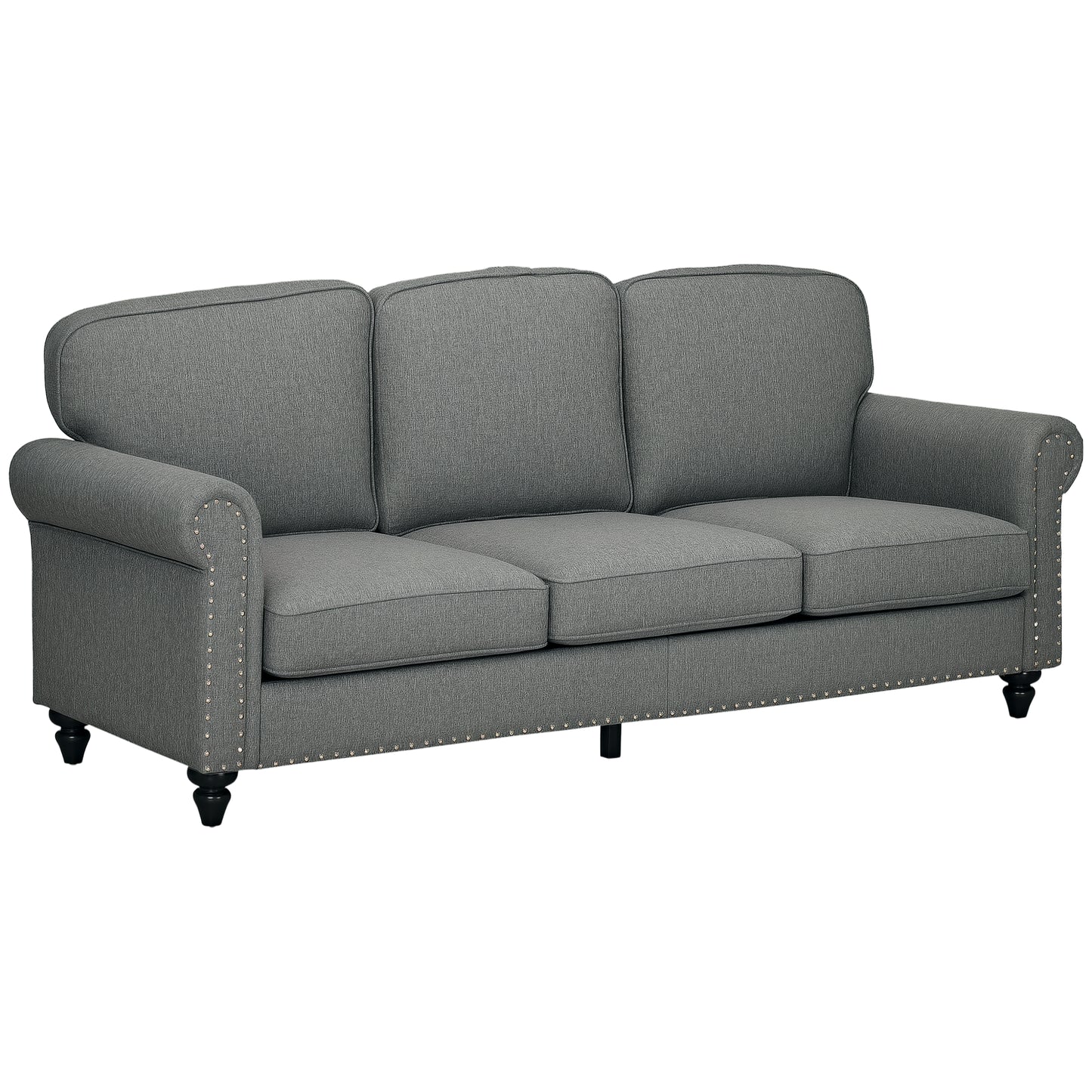 Modern Grey Linen Fabric 3-Seater Sofa Couch with Studded Trim & Rolled Arms