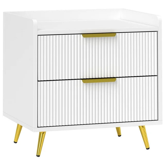 Modern Black Nightstand with Fluted Drawers, Gold Metal Legs, Bedroom Storage