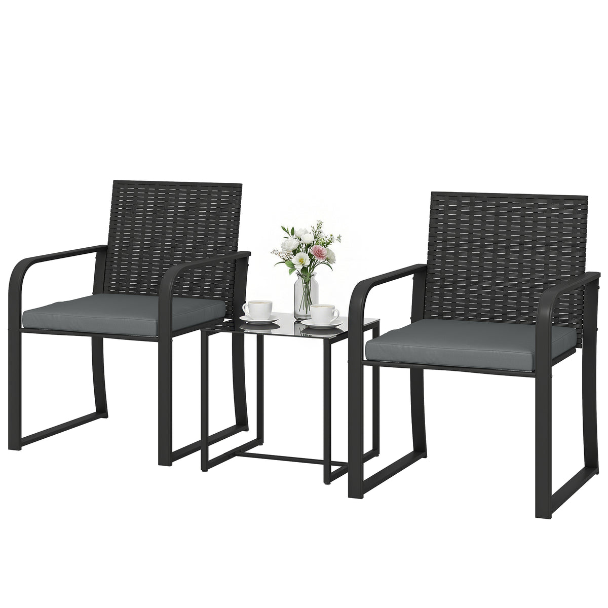 Outdoor Bistro Set, 3 Piece Wicker Patio Furniture with Mesh Seat, Glass Table, Cushions for Porch, Balcony – Grey