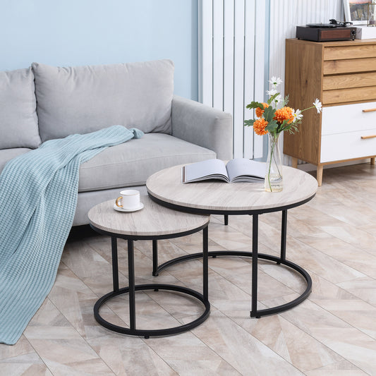 HOMCOM Modern Round Nesting Coffee Tables Set, Metal Frame, Grey Wood Grain