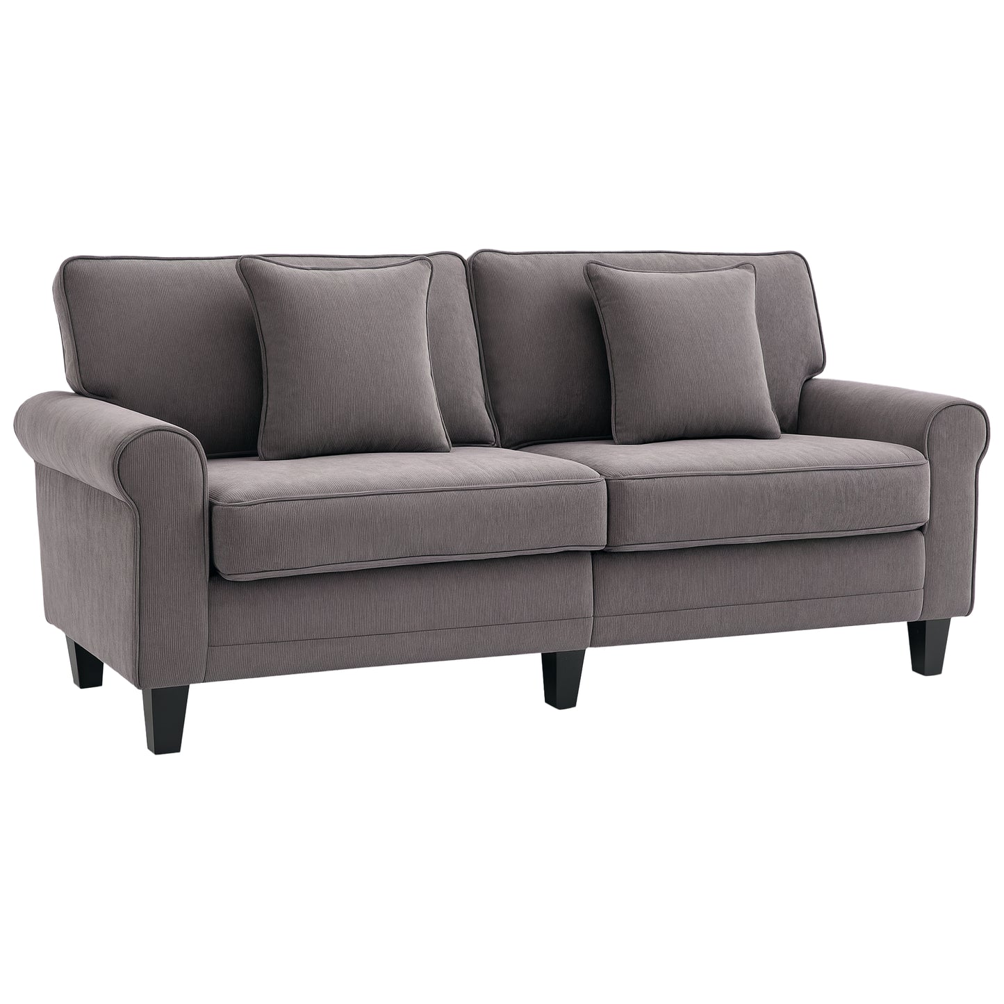 Modern 3-Seater Corduroy Sofa: Pine Wood Legs, Rolled Armrests, Light Grey