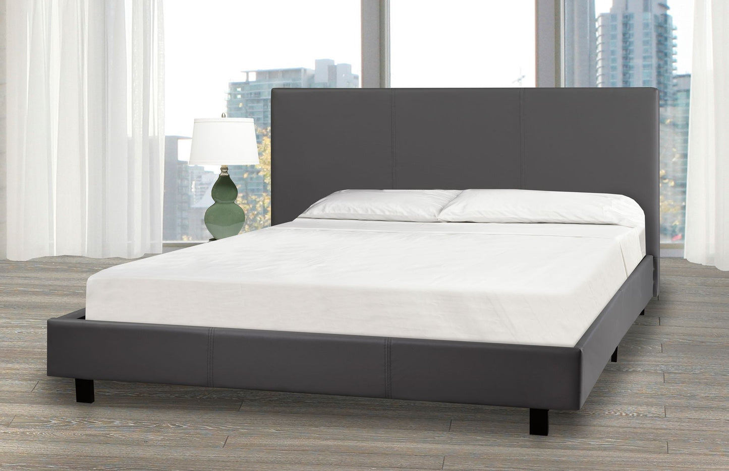 Modern Grey Full Size Faux Leather Platform Bed with Bentwood Slats