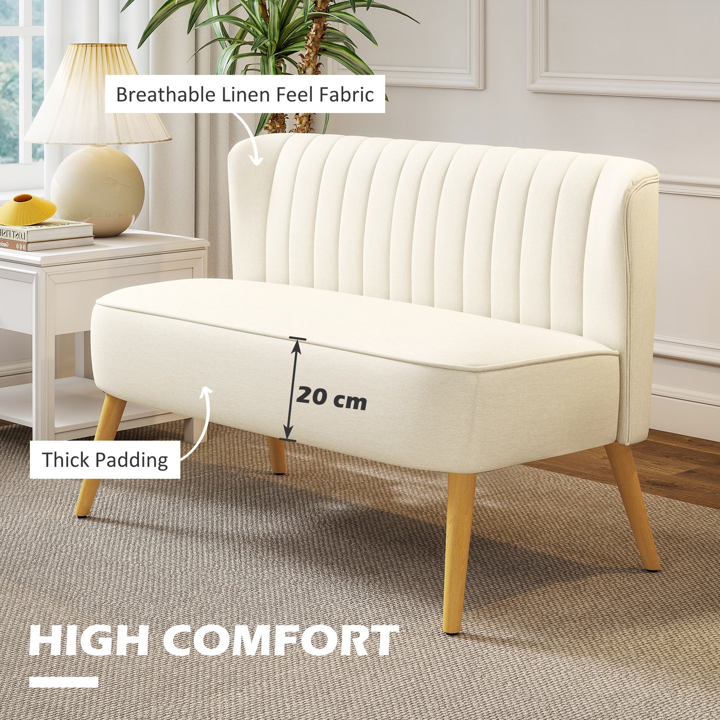 HOMCOM Modern Upholstered 2-Seat Loveseat Sofa, Cream White, Rubber Wood Legs