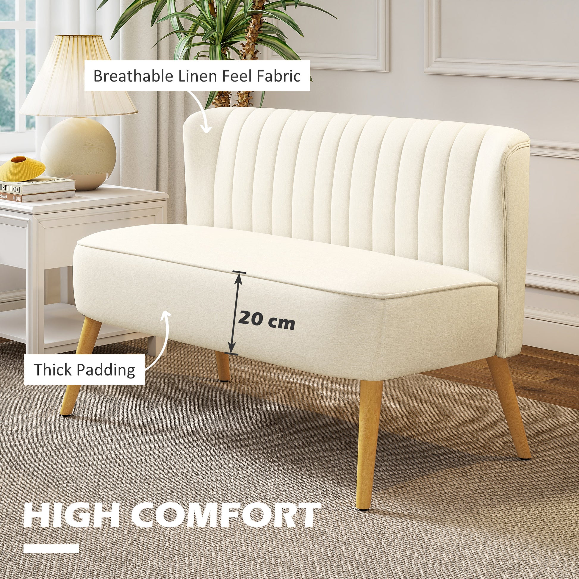 HOMCOM Modern Upholstered 2-Seat Loveseat Sofa, Cream White, Rubber Wood Legs