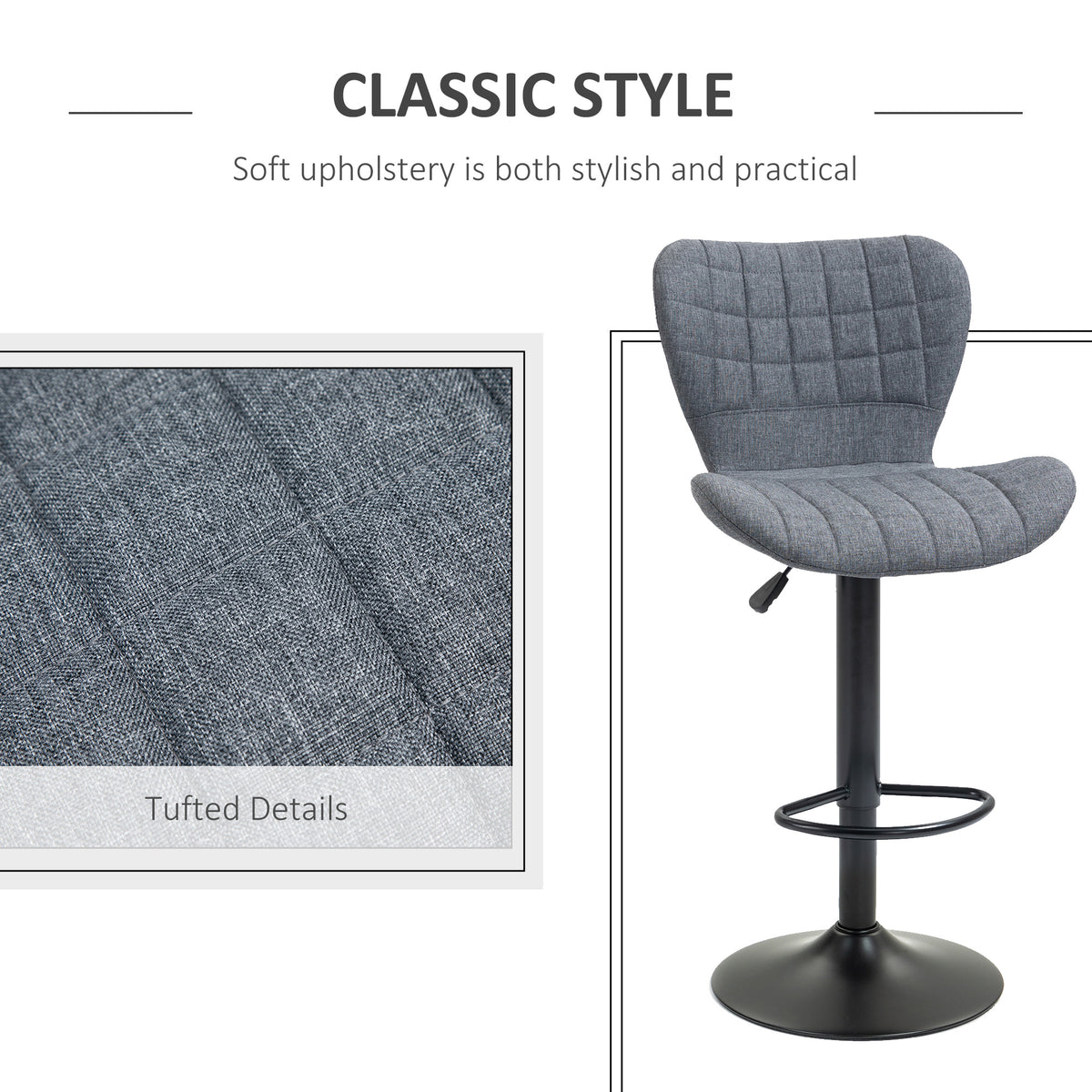 Linen-Feel Tufted Adjustable Swivel Bar Chairs, Set of 2, Grey
