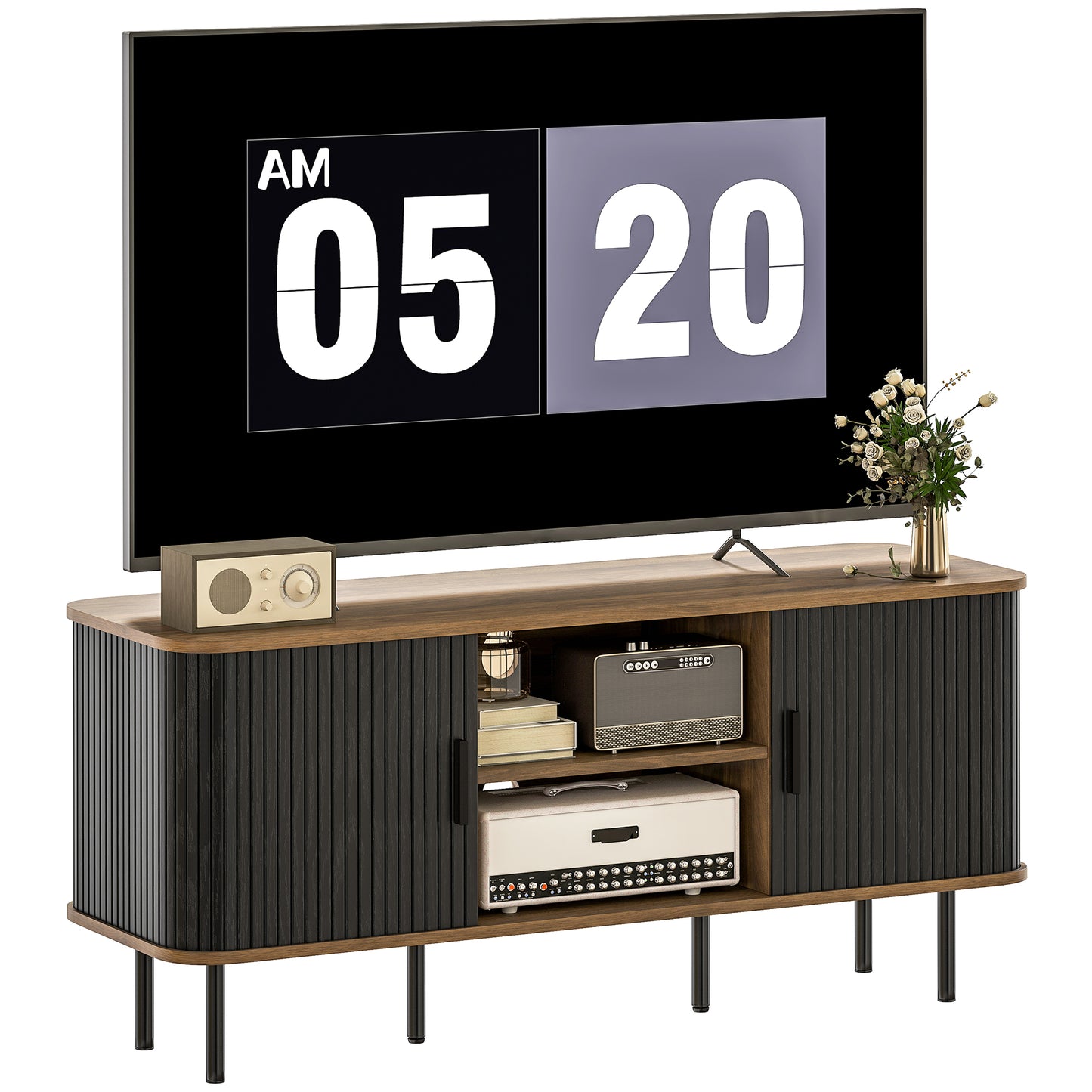 HOMCOM Modern Black TV Stand for 55-Inch TVs, Storage Shelves, Slatted Doors