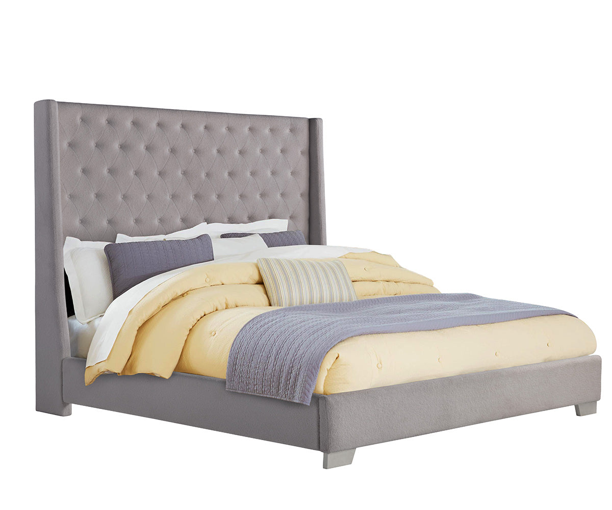 Stylish King Size Boucle Fabric Upholstered Bed, Button Tufted Design, Metal Legs