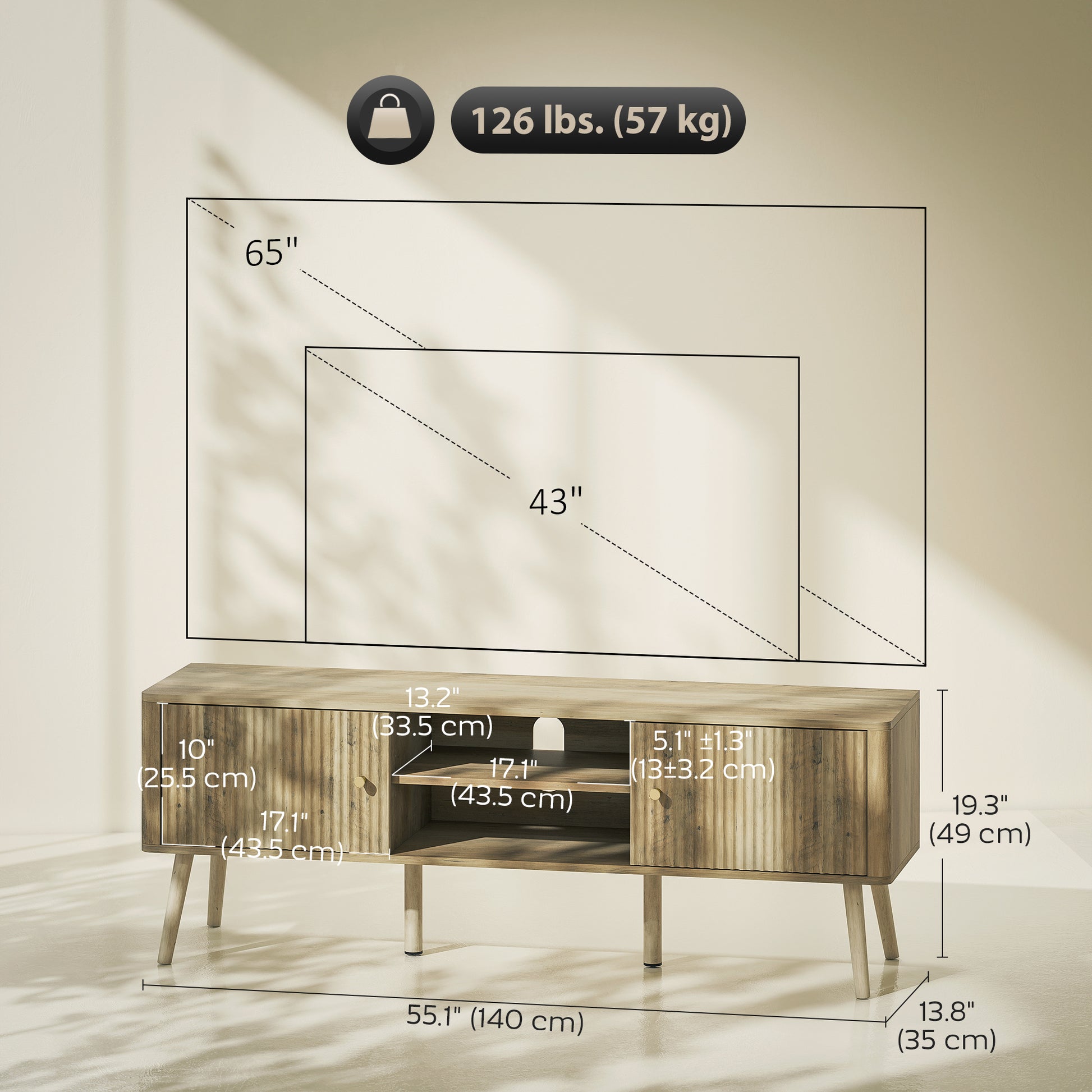 HOMCOM Modern Oak TV Stand for 65-inch TVs, Adjustable Shelves, Pine Wood Legs