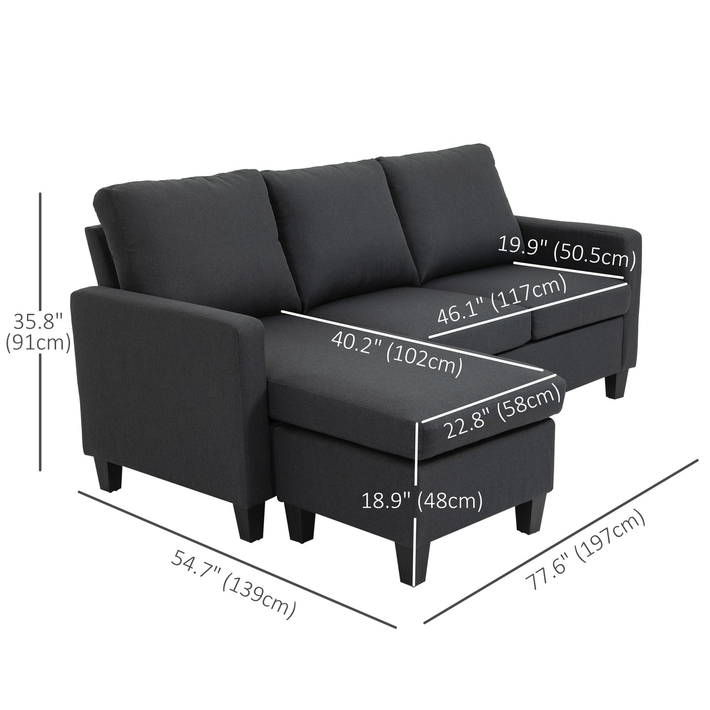 HOMCOM Modern L-Shape Sectional Sofa, Reversible Chaise, Dark Grey Fabric