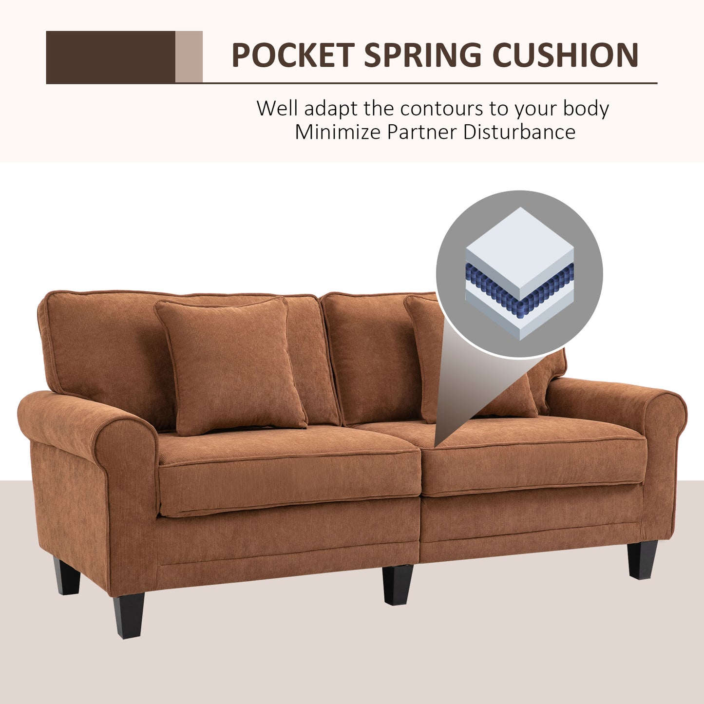 HOMCOM Modern 3-Seater Corduroy Sofa, Rolled Arms, Pine Wood Legs, Brown