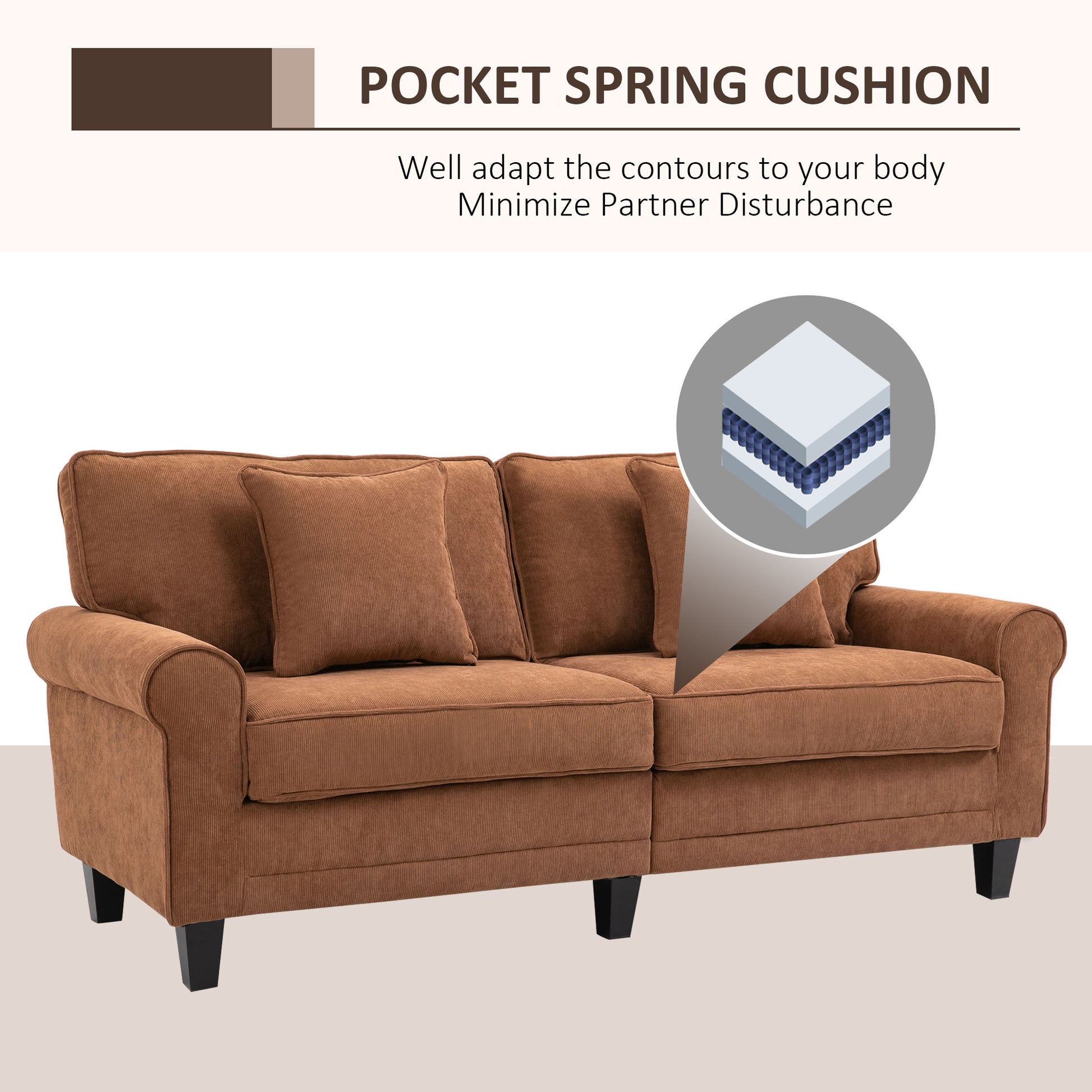 HOMCOM Modern 3-Seater Corduroy Sofa, Rolled Arms, Pine Wood Legs, Brown
