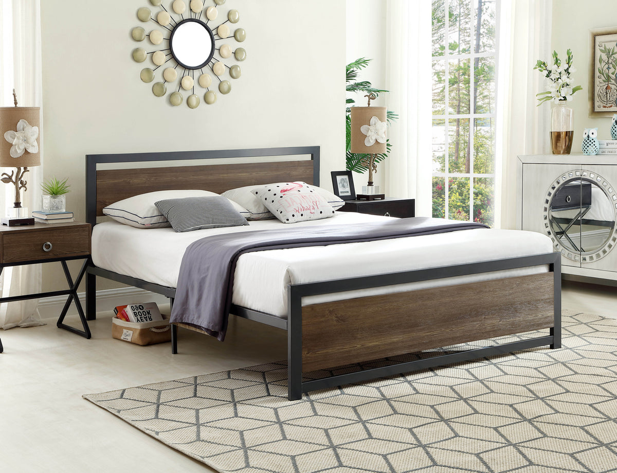 Grey Metal Bed with Wood Panel Headboard