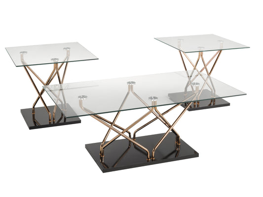 Curved Glass 3-Piece Coffee Table Set – Black/Rose Gold