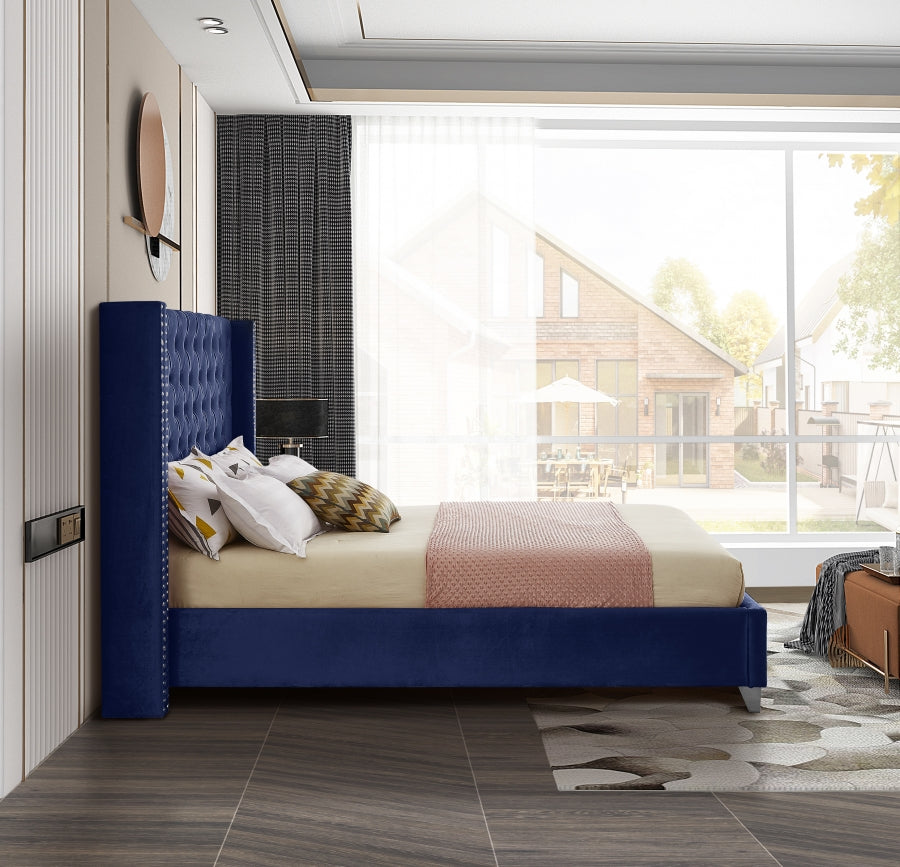 Button-Tufted Velvet Wingback Bed with Chrome Nailheads – Blue
