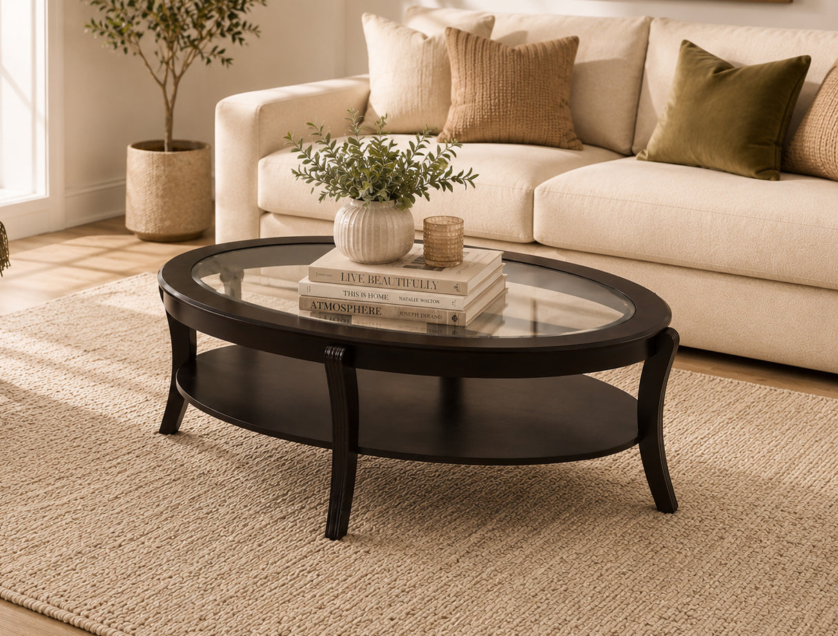 IF-2060 Modern Oval Coffee Table, Espresso Finish, Glass Top
